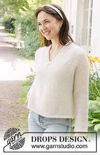 Delicate Dance / DROPS 258-13 - Knitted jumper in DROPS Brushed Alpaca Silk and DROPS Flora. The piece is worked top down with raglan, V-neck, rolled edges and I-cord. Sizes S - XXXL.