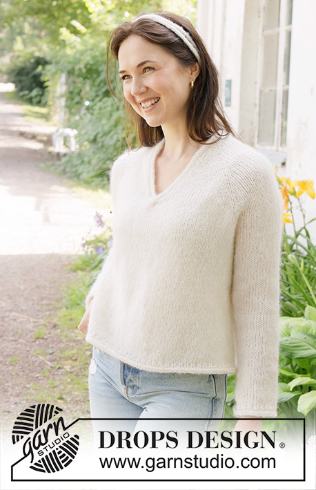 Delicate Dance / DROPS 258-13 - Knitted jumper in DROPS Brushed Alpaca Silk and DROPS Flora. The piece is worked top down with raglan, V-neck, rolled edges and I-cord. Sizes S - XXXL.