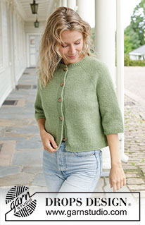 Pistachio Tea Cardigan / DROPS 258-15 - Knitted jacket in DROPS Kid-Silk and DROPS Flora. The piece is worked top down with stocking stitch, raglan and ¾-length sleeves. Sizes S - XXXL.