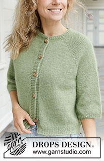 Pistachio Tea Cardigan / DROPS 258-15 - Knitted jacket in DROPS Kid-Silk and DROPS Flora. The piece is worked top down with stocking stitch, raglan and ¾-length sleeves. Sizes S - XXXL.