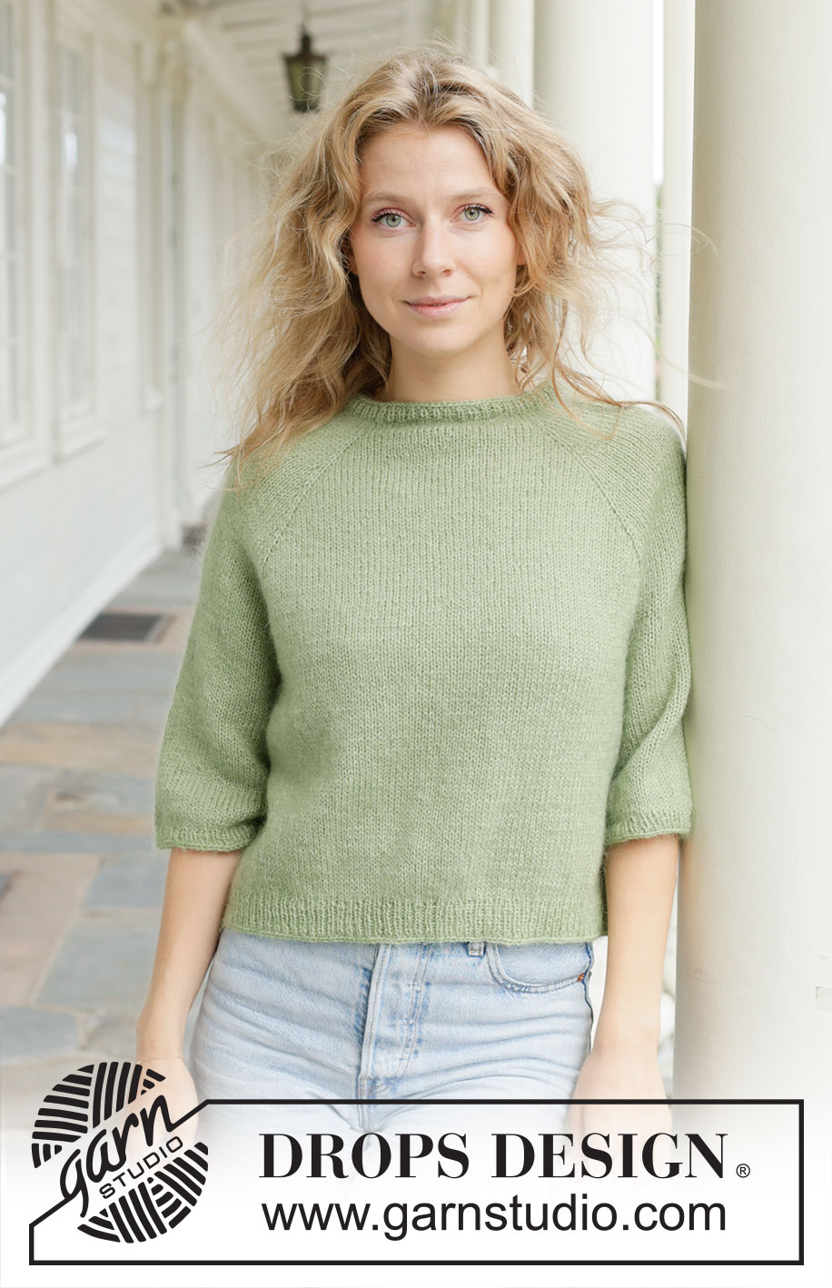 Pistachio Tea / DROPS 258-16 - Knitted jumper in DROPS Flora and DROPS Kid-Silk. The piece is worked top down with stocking stitch, raglan and ¾-length sleeves. Sizes S - XXXL.