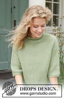 Pistachio Tea / DROPS 258-16 - Knitted jumper in DROPS Flora and DROPS Kid-Silk. The piece is worked top down with stocking stitch, raglan and ¾-length sleeves. Sizes S - XXXL.