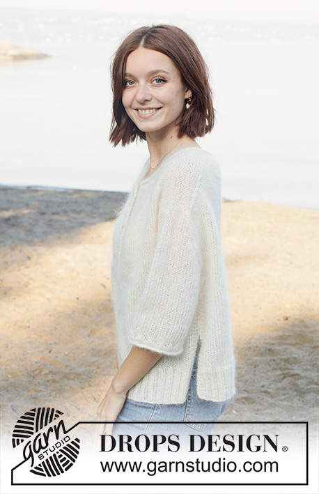 Wispy Dandelion Cardigan / DROPS 258-18 - Knitted jacket with short sleeves in 3 strands DROPS Kid-Silk. The piece is worked bottom up with saddle shoulders, split in sides, I-cord and rolled edges. Sizes XS - XXL.