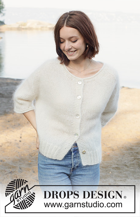Wispy Dandelion Cardigan / DROPS 258-18 - Knitted jacket with short sleeves in 3 strands DROPS Kid-Silk. The piece is worked bottom up with saddle shoulders, split in sides, I-cord and rolled edges. Sizes XS - XXL.