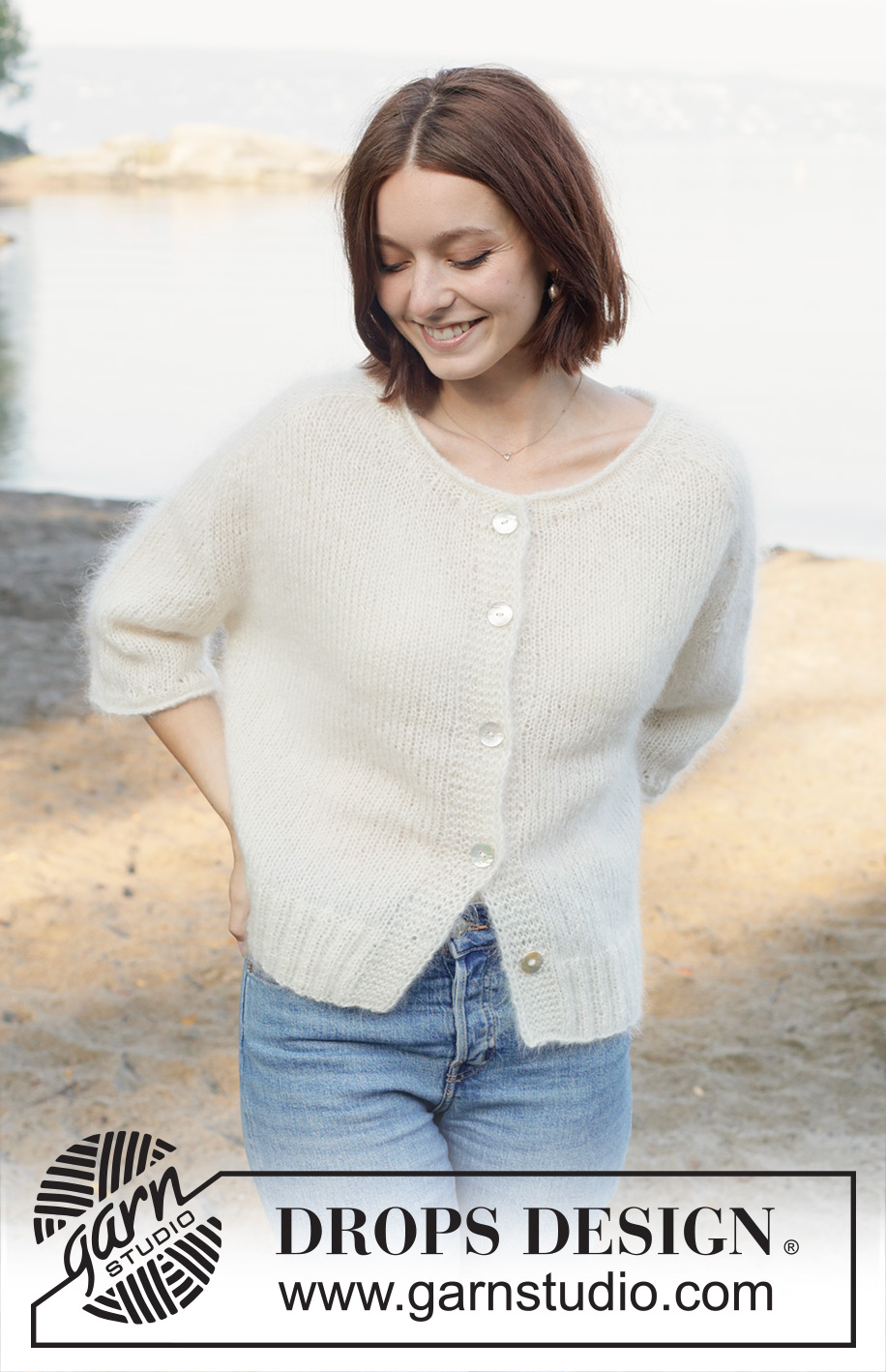 Wispy Dandelion Cardigan / DROPS 258-18 - Knitted jacket with short sleeves in 3 strands DROPS Kid-Silk. The piece is worked bottom up with saddle shoulders, split in sides, I-cord and rolled edges. Sizes XS - XXL.