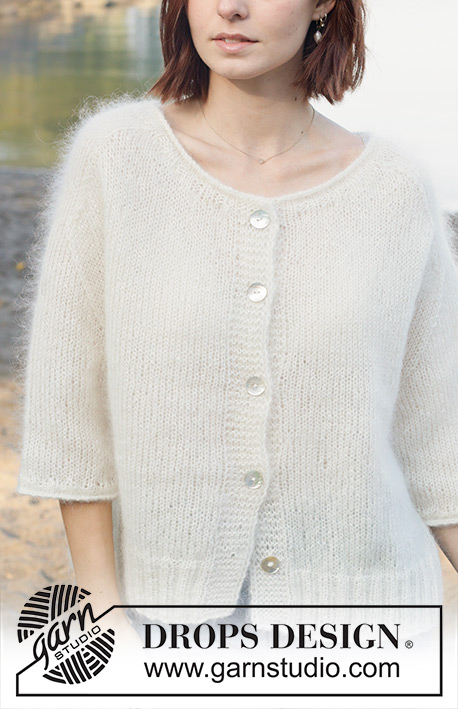 Wispy Dandelion Cardigan / DROPS 258-18 - Knitted jacket with short sleeves in 3 strands DROPS Kid-Silk. The piece is worked bottom up with saddle shoulders, split in sides, I-cord and rolled edges. Sizes XS - XXL.