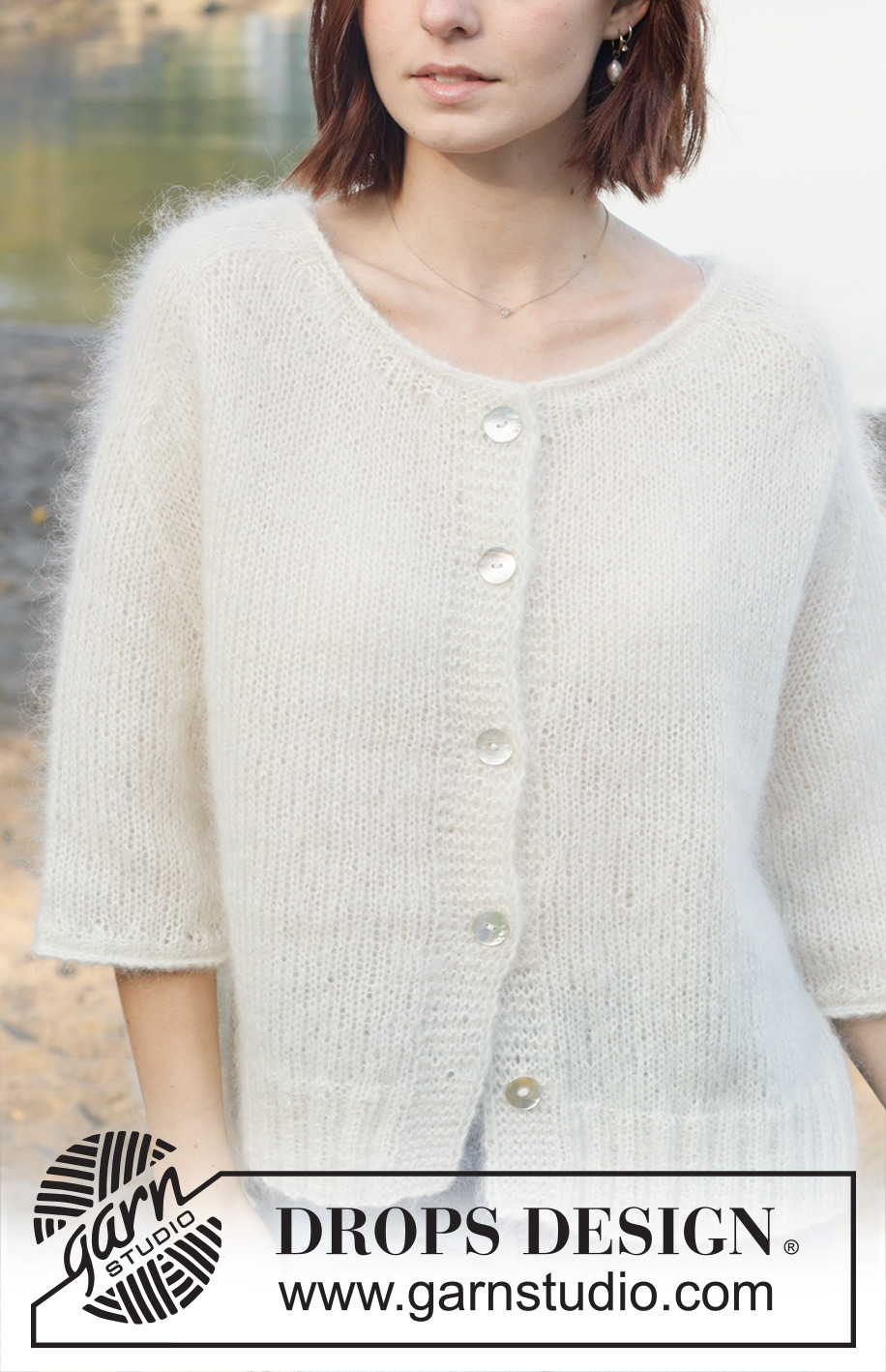 Wispy Dandelion Cardigan / DROPS 258-18 - Knitted jacket with short sleeves in 3 strands DROPS Kid-Silk. The piece is worked bottom up with saddle shoulders, split in sides, I-cord and rolled edges. Sizes XS - XXL.