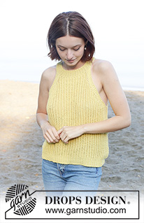 Sunbeam Shine Top / DROPS 258-19 - Strikket topp i DROPS Cotton Light. Arbeidet strikkes ovenfra og ned med halterneck og helpatent. Størrelse XS - XXL.