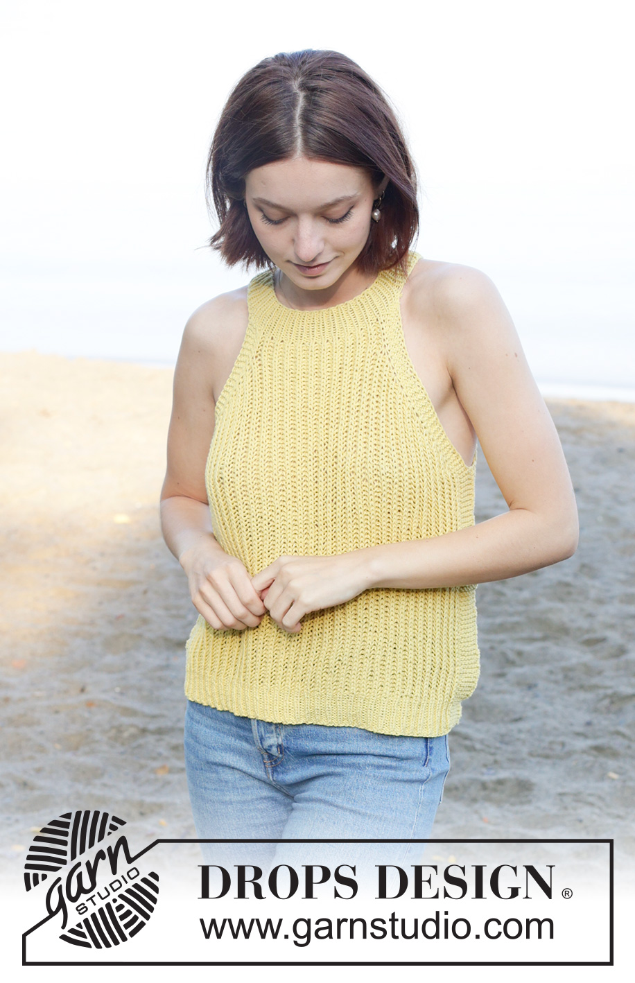 Sunbeam Shine Top / DROPS 258-19 - Strikket topp i DROPS Cotton Light. Arbeidet strikkes ovenfra og ned med halterneck og helpatent. Størrelse XS - XXL.