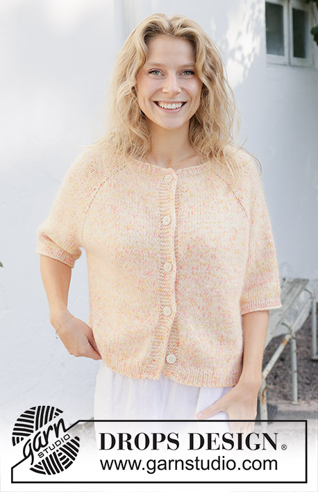 Sweet Clementine Cardigan / DROPS 258-24 - Casaco tricotado de cima para baixo em DROPS Fiesta e DROPS Kid-Silk. Tricota-se com cavas raglan e mangas 3/4. Do S ao XXXL.