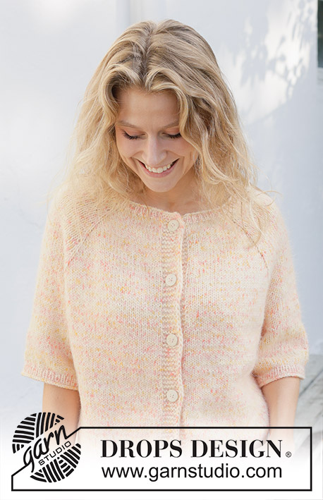 Sweet Clementine Cardigan / DROPS 258-24 - Casaco tricotado de cima para baixo em DROPS Fiesta e DROPS Kid-Silk. Tricota-se com cavas raglan e mangas 3/4. Do S ao XXXL.