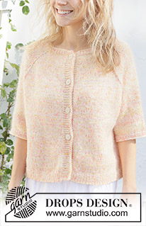 Sweet Clementine Cardigan / DROPS 258-24 - Casaco tricotado de cima para baixo em DROPS Fiesta e DROPS Kid-Silk. Tricota-se com cavas raglan e mangas 3/4. Do S ao XXXL.