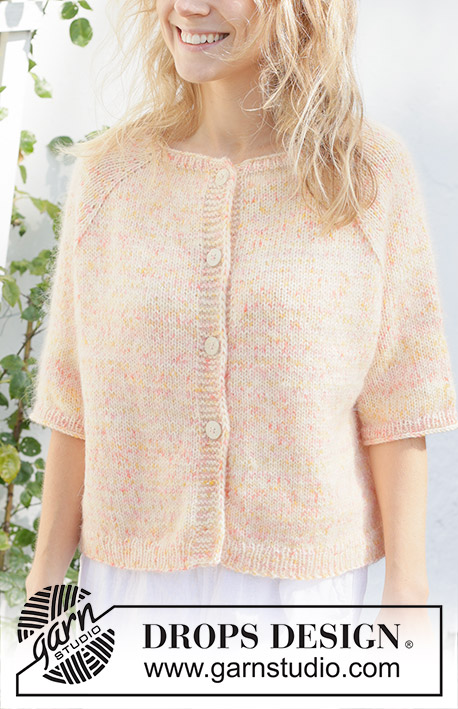 Sweet Clementine Cardigan / DROPS 258-24 - Casaco tricotado de cima para baixo em DROPS Fiesta e DROPS Kid-Silk. Tricota-se com cavas raglan e mangas 3/4. Do S ao XXXL.