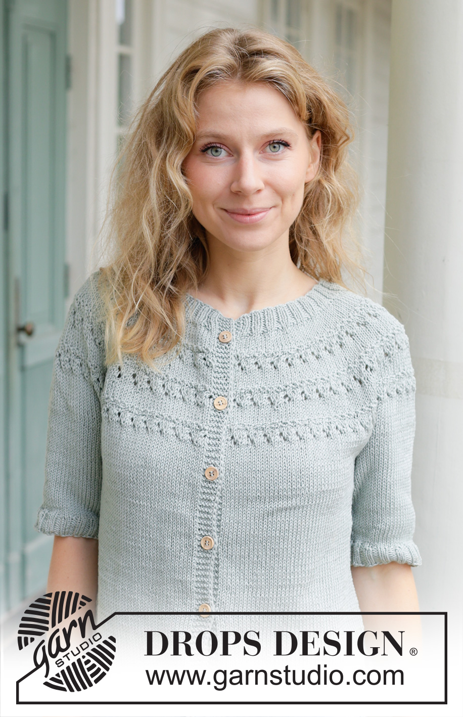 Dewy Dream Cardigan / DROPS 258-25 - Knitted jacket in DROPS Muskat. Piece is knitted top down with round yoke, lace pattern, short sleeves and i-cord. Size: S - XXXL.