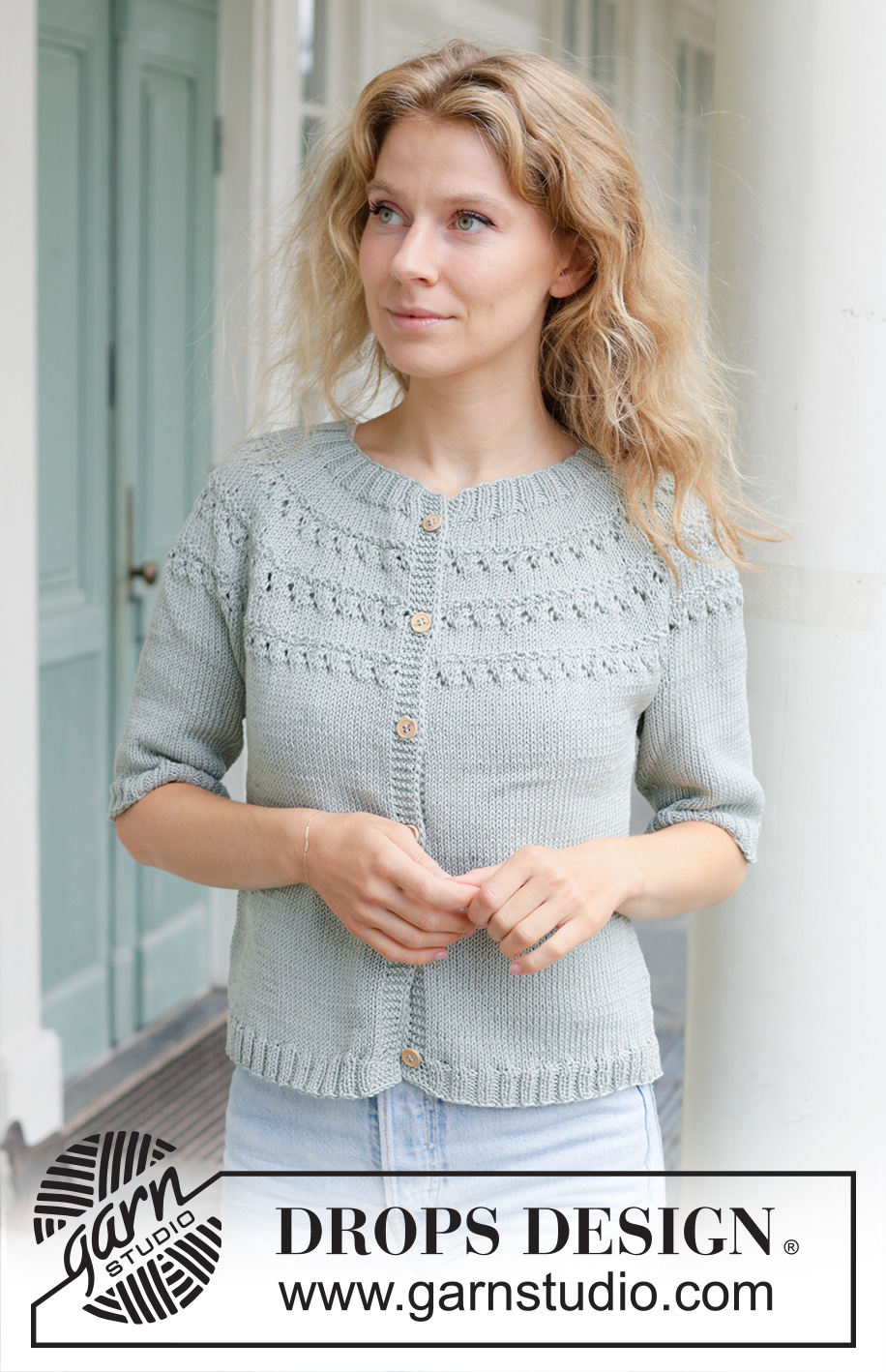 Dewy Dream Cardigan / DROPS 258-25 - Knitted jacket in DROPS Muskat. Piece is knitted top down with round yoke, lace pattern, short sleeves and i-cord. Size: S - XXXL.