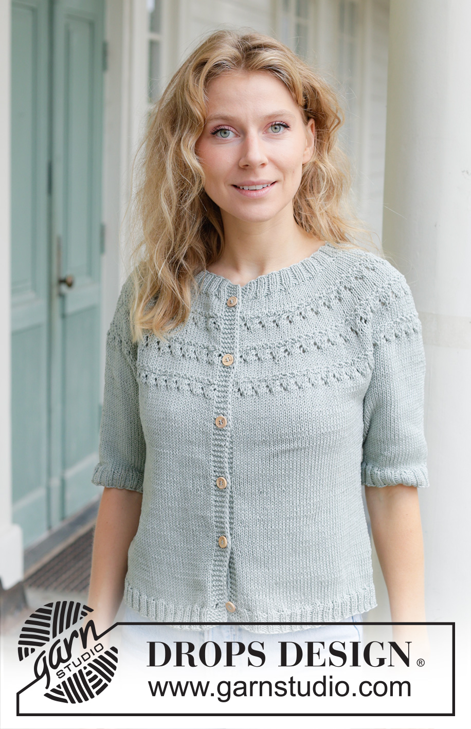 Dewy Dream Cardigan / DROPS 258-25 - Knitted jacket in DROPS Muskat. Piece is knitted top down with round yoke, lace pattern, short sleeves and i-cord. Size: S - XXXL.
