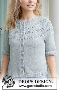 Dewy Dream Cardigan / DROPS 258-25 - Knitted jacket in DROPS Muskat. Piece is knitted top down with round yoke, lace pattern, short sleeves and i-cord. Size: S - XXXL.