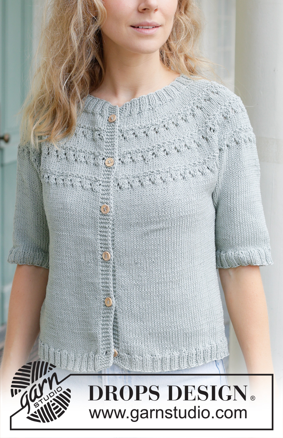 Dewy Dream Cardigan / DROPS 258-25 - Knitted jacket in DROPS Muskat. Piece is knitted top down with round yoke, lace pattern, short sleeves and i-cord. Size: S - XXXL.