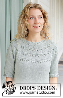 Dewy Dream / DROPS 258-26 - Knitted jumper in DROPS Muskat. The piece is worked top down with round yoke, lace pattern and short sleeves. Sizes S - XXXL.