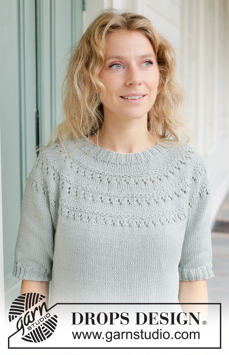 Dewy Dream / DROPS 258-26 - Knitted jumper in DROPS Muskat. The piece is worked top down with round yoke, lace pattern and short sleeves. Sizes S - XXXL.