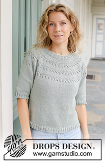 Dewy Dream / DROPS 258-26 - Knitted jumper in DROPS Muskat. The piece is worked top down with round yoke, lace pattern and short sleeves. Sizes S - XXXL.