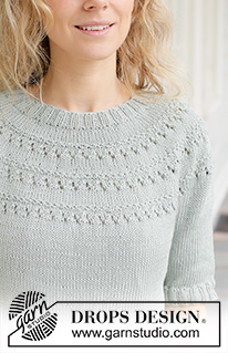 Dewy Dream / DROPS 258-26 - Knitted jumper in DROPS Muskat. The piece is worked top down with round yoke, lace pattern and short sleeves. Sizes S - XXXL.