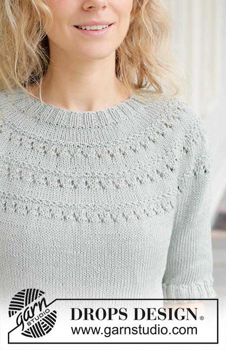 Dewy Dream / DROPS 258-26 - Knitted jumper in DROPS Muskat. The piece is worked top down with round yoke, lace pattern and short sleeves. Sizes S - XXXL.