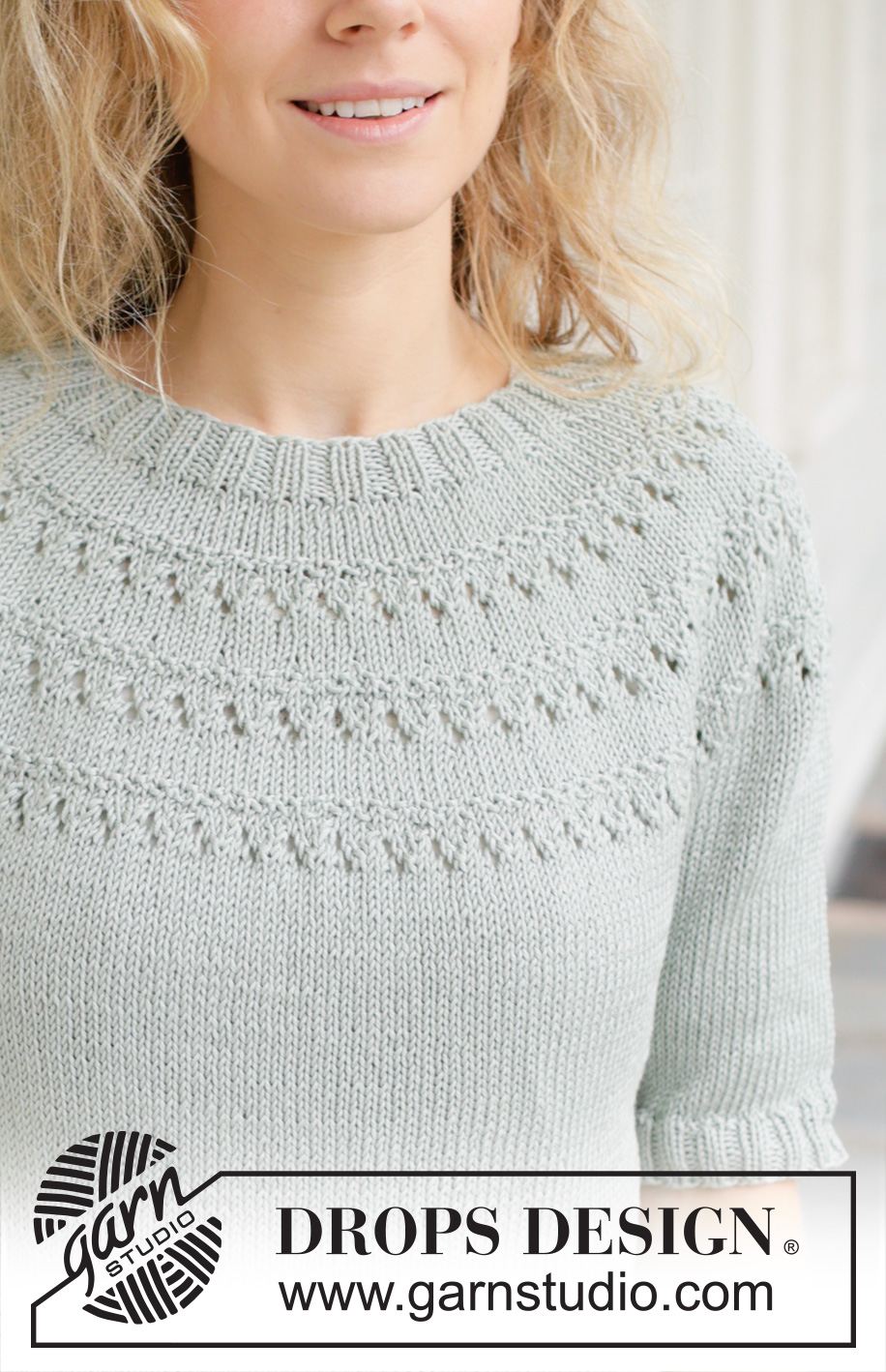 Dewy Dream / DROPS 258-26 - Knitted jumper in DROPS Muskat. The piece is worked top down with round yoke, lace pattern and short sleeves. Sizes S - XXXL.