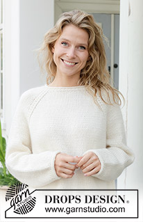 Frosted Whisper / DROPS 258-3 - Maglione lavorato ai ferri in DROPS Daisy e DROPS Kid-Silk o DROPS Lima e DROPS Kid-Silk. Lavorato dall’alto in basso con raglan, trecce e bordi arrotolati. Taglie: S - XXXL.