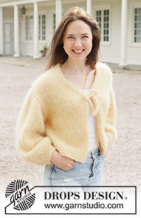 Lemon Fizz Cardigan / DROPS 258-30 - Stickad kofta i 1 tråd DROPS Melody och 3 trådar DROPS Kid-Silk eller i 4 trådar DROPS Brushed Alpaca Silk. Arbetet stickas uppifrån och ner i slätstickning med europeisk axel / sned axel, v-hals, tubstickat snöre och i-cord. Storlek S - XXXL.