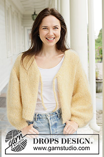 Lemon Fizz Cardigan / DROPS 258-30 - Stickad kofta i 1 tråd DROPS Melody och 3 trådar DROPS Kid-Silk eller i 4 trådar DROPS Brushed Alpaca Silk. Arbetet stickas uppifrån och ner i slätstickning med europeisk axel / sned axel, v-hals, tubstickat snöre och i-cord. Storlek S - XXXL.
