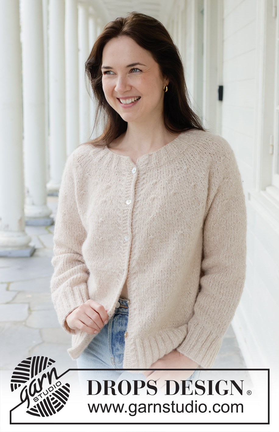 Whispering Sands Cardigan / DROPS 258-31 - Knitted jacket in DROPS Air. The piece is worked top down in stocking stitch with round yoke, small cables and I-cord. Sizes S - XXXL.