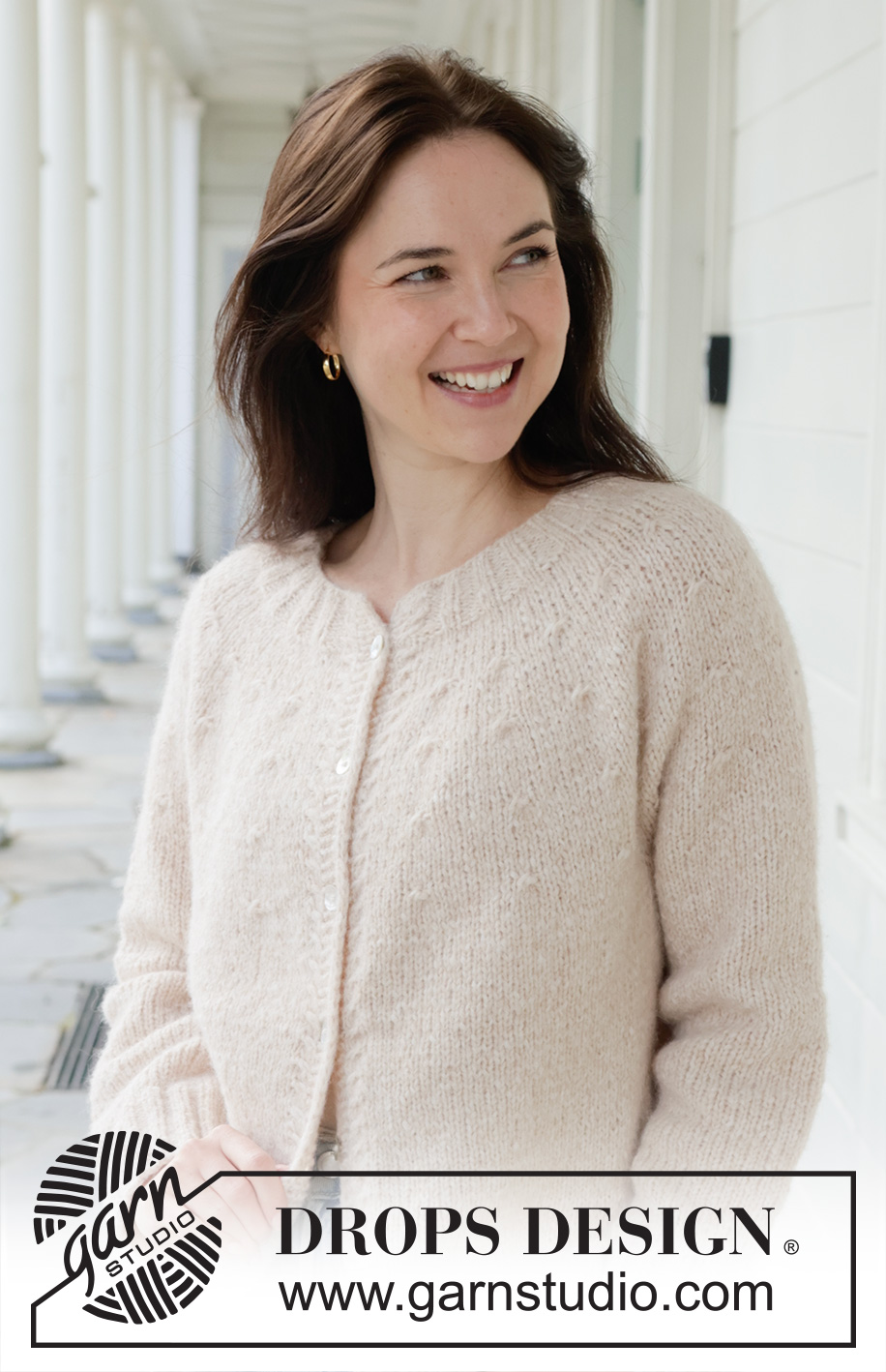 Whispering Sands Cardigan / DROPS 258-31 - Knitted jacket in DROPS Air. The piece is worked top down in stocking stitch with round yoke, small cables and I-cord. Sizes S - XXXL.