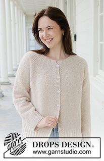 Whispering Sands Cardigan / DROPS 258-31 - Knitted jacket in DROPS Air. The piece is worked top down in stocking stitch with round yoke, small cables and I-cord. Sizes S - XXXL.