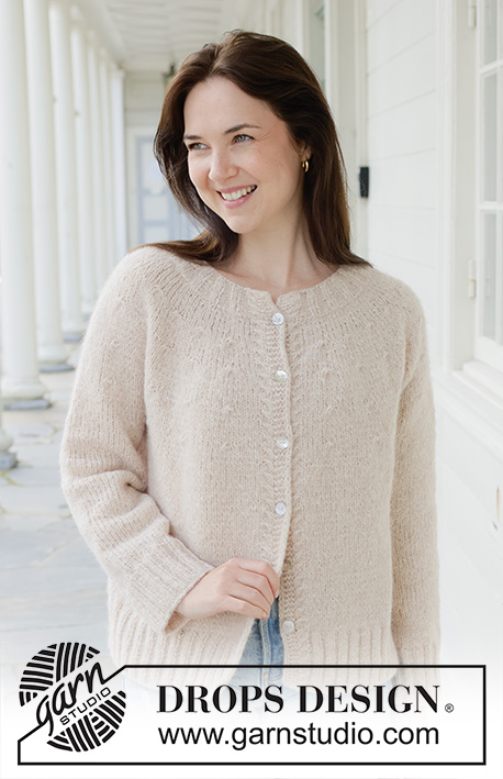 Whispering Sands Cardigan / DROPS 258-31 - Knitted jacket in DROPS Air. The piece is worked top down in stocking stitch with round yoke, small cables and I-cord. Sizes S - XXXL.