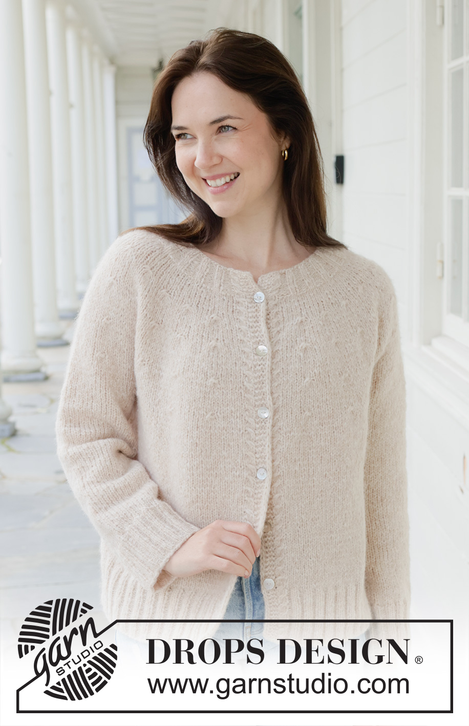 Whispering Sands Cardigan / DROPS 258-31 - Knitted jacket in DROPS Air. The piece is worked top down in stocking stitch with round yoke, small cables and I-cord. Sizes S - XXXL.