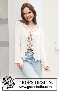 Iris Romance Cardigan / DROPS 258-33 - Kötött kardigán DROPS Belle fonalból. A darabot fentről lefelé haladva kötjük harisnyakötéssel raglánszabással, V nyakkivágással zsinórkötéssel, pöndörödő szélekkel és pikós fodrokkal Méret: S -XXXL.