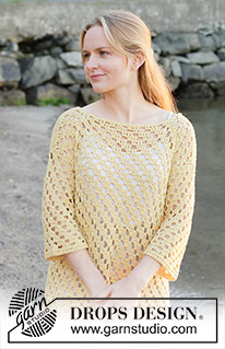 Sunny Isles / DROPS 258-36 - Crocheted long jumper in DROPS Belle. The piece is worked bottom up with lace pattern, boat-neck and ¾-length sleeves. Sizes S - XXXL.