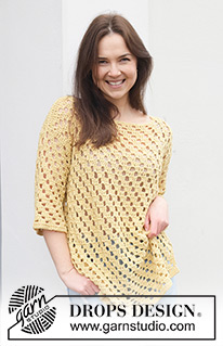 Sunny Isles / DROPS 258-36 - Crocheted long jumper in DROPS Belle. The piece is worked bottom up with lace pattern, boat-neck and ¾-length sleeves. Sizes S - XXXL.