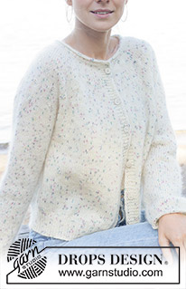 Wildflower Sprinkles Cardigan / DROPS 258-37 - Cardigan lavorato ai ferri in DROPS Fabel e DROPS Kid-Silk. Lavorato dall’alto in basso a maglia rasata con sprone rotondo, bordo arrotolato e I-cord. Taglie S - XXXL.