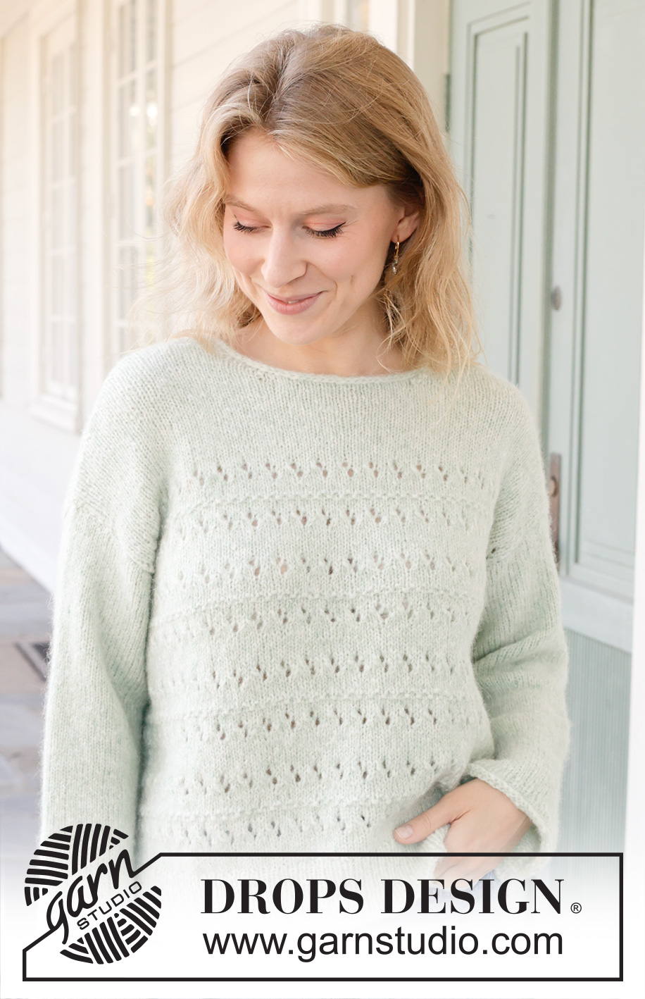 Minty Morning / DROPS 258-9 - Knitted jumper in DROPS Air. Piece is knitted bottom up, with lace pattern, diagonal shoulders, sewn-in sleeves and I-cord. Size: S - XXXL.