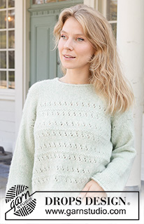 Minty Morning / DROPS 258-9 - Knitted jumper in DROPS Air. Piece is knitted bottom up, with lace pattern, diagonal shoulders, sewn-in sleeves and I-cord. Size: S - XXXL.