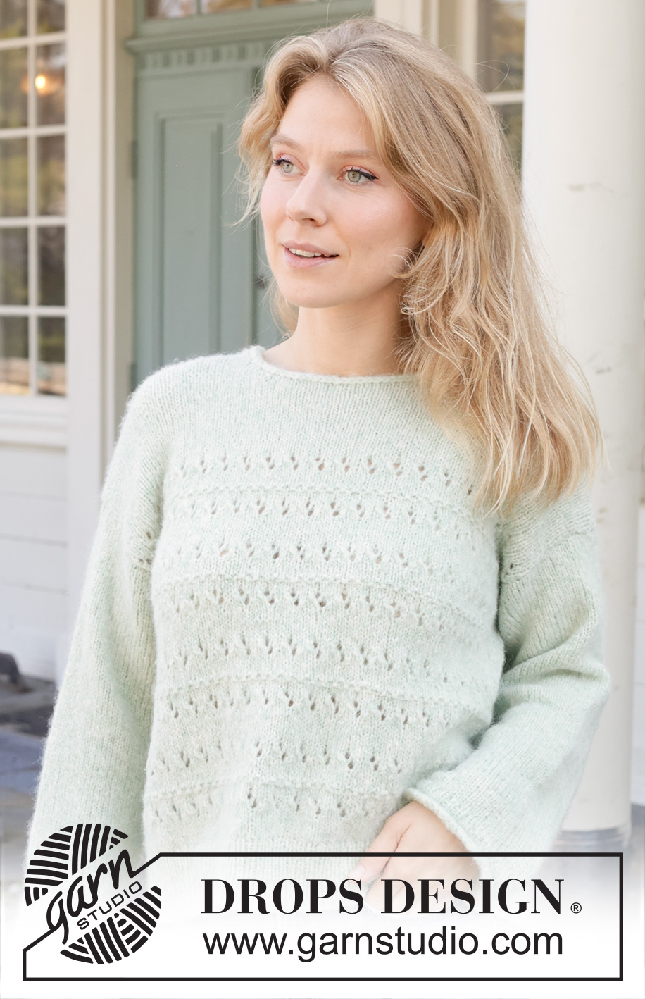 Minty Morning / DROPS 258-9 - Knitted jumper in DROPS Air. Piece is knitted bottom up, with lace pattern, diagonal shoulders, sewn-in sleeves and I-cord. Size: S - XXXL.