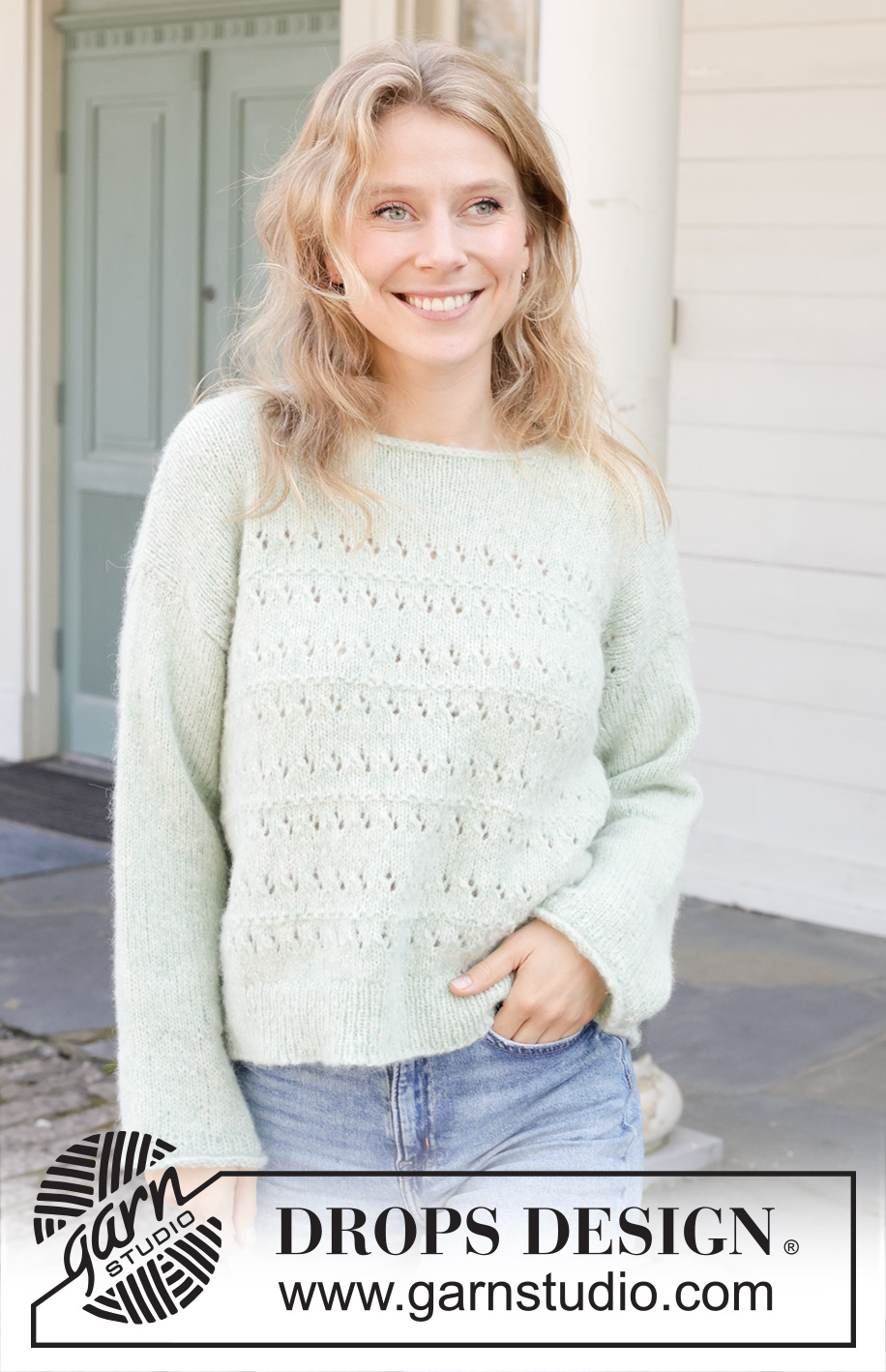 Minty Morning / DROPS 258-9 - Knitted jumper in DROPS Air. Piece is knitted bottom up, with lace pattern, diagonal shoulders, sewn-in sleeves and I-cord. Size: S - XXXL.