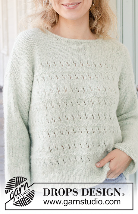 Minty Morning / DROPS 258-9 - Knitted jumper in DROPS Air. Piece is knitted bottom up, with lace pattern, diagonal shoulders, sewn-in sleeves and I-cord. Size: S - XXXL.