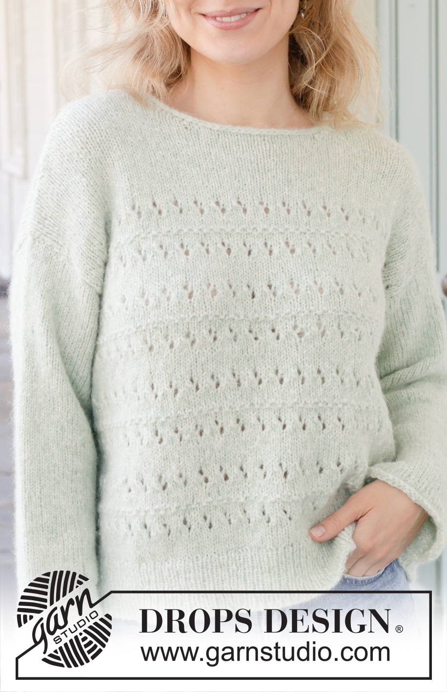 Minty Morning / DROPS 258-9 - Knitted jumper in DROPS Air. Piece is knitted bottom up, with lace pattern, diagonal shoulders, sewn-in sleeves and I-cord. Size: S - XXXL.
