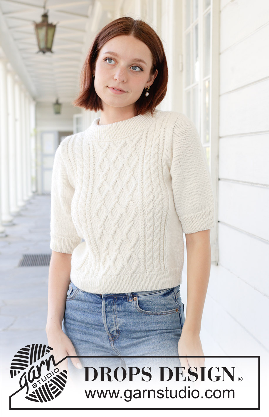 April Snow / DROPS 259-1 - Knitted jumper in DROPS Daisy or DROPS Merino Extra Fine. Piece is knitted bottom up with cables, short sleeves and double neck edge. Size: S - XXXL.