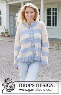 Skyline Serenade Cardigan / DROPS 259-10 - Cardigan over-sized lavorato ai ferri in 2 capi di DROPS Brushed Alpaca Silk. Lavorato dal basso verso l’alto a strisce, maniche cucite e collo doppio. Taglie: XS - XXL.