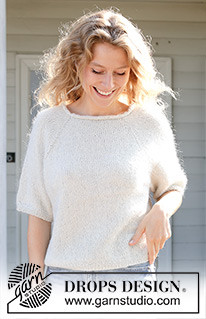 Blossom Whisper / DROPS 259-15 - Maglione lavorato ai ferri in DROPS Alpaca e DROPS Kid-Silk. Lavorato dall’alto in basso a maglia rasata, collo arrotolato, raglan e maniche corte. Taglie S - XXXL.
