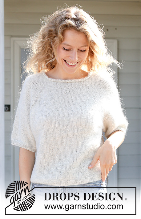 Blossom Whisper / DROPS 259-15 - Maglione lavorato ai ferri in DROPS Alpaca e DROPS Kid-Silk. Lavorato dall’alto in basso a maglia rasata, collo arrotolato, raglan e maniche corte. Taglie S - XXXL.